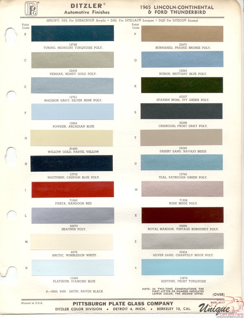 1965 Lincoln Paint Charts Thunderbrd PPG